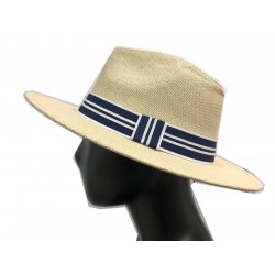 Flat border hat with navy/white stripes pattern ribbon